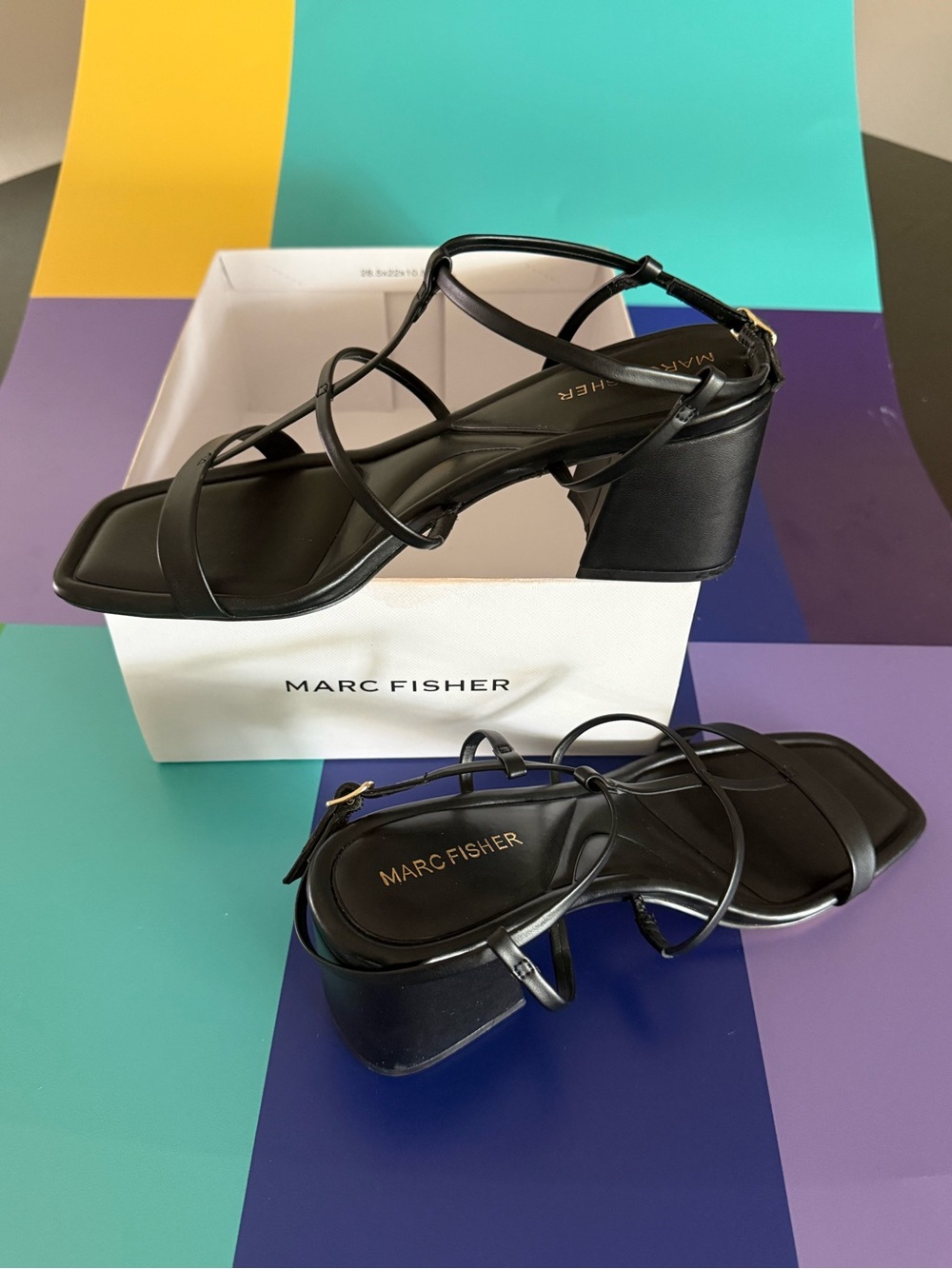 Marc Fisher Black Strappy Block Heel Sandals with Square Toe